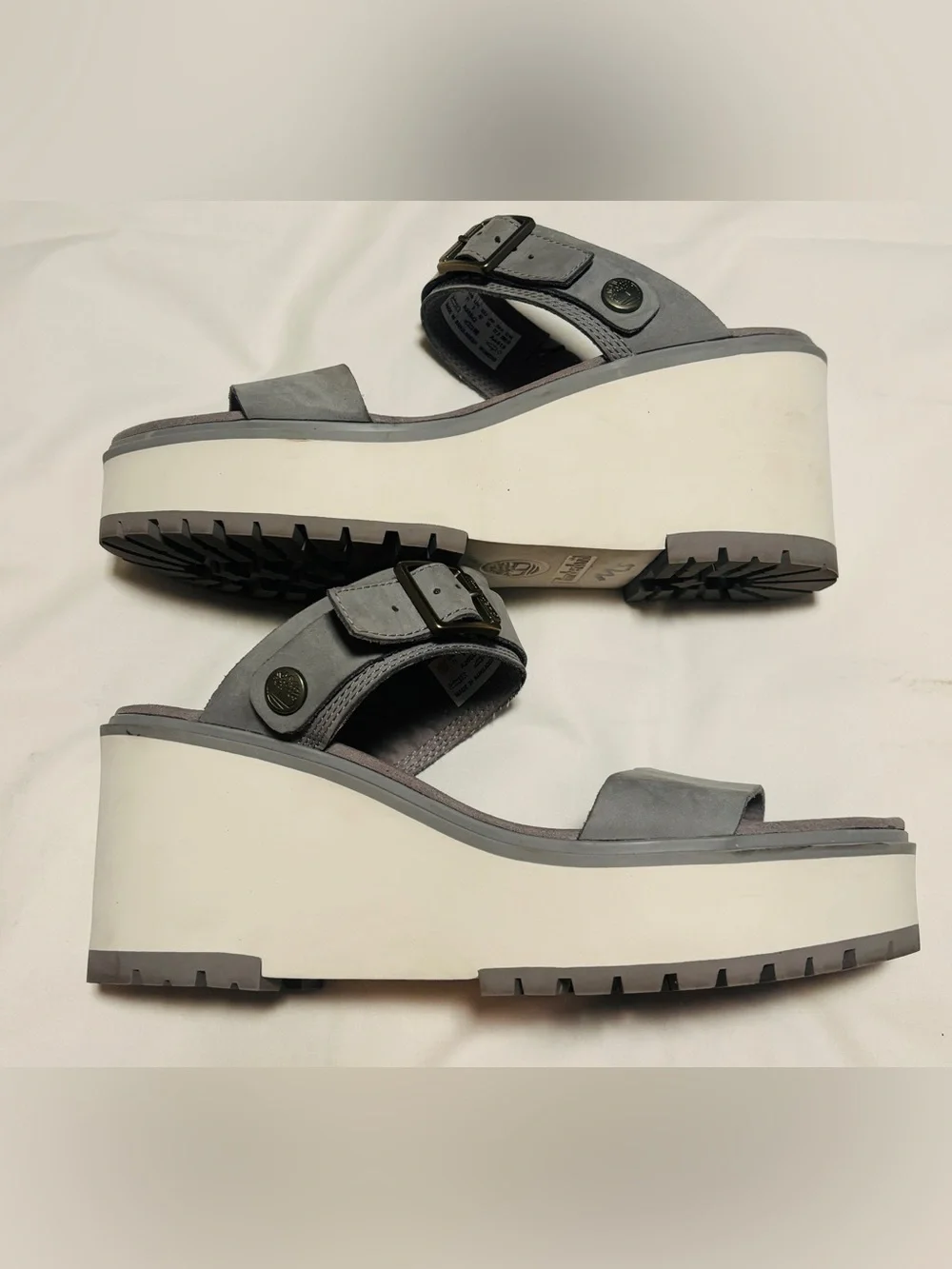 Timberland Grey Nubuck Leather Wedge Sandals Platform Strap Women’s Size 11